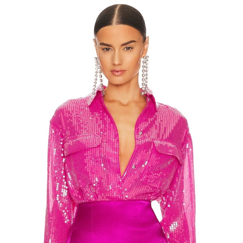 NWT Steve Madden Hot Pink Sequin Shacket – Size XS – Statement Button Down - Picture 2 of 8